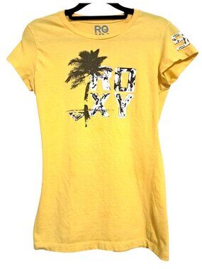 Y2K Roxy Graphic Tee T-Shirt Womens Size M Lemon Yellow Cotton Short Sleeves Cas